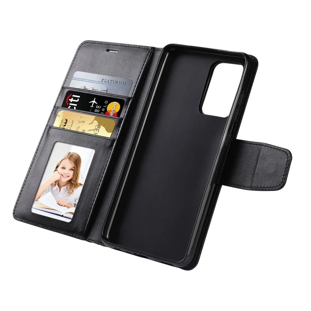 HANMAN Mill Series for Samsung Galaxy A13 4G PU Leather Flip Folio Wallet Case Shockproof TPU Inner Shell Stand Magnetic Cover - Black - 3