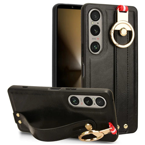 For Sony Xperia 1 VI Case Wristband Finger Loop Leather Coated PC+TPU Phone Cover - Black - 1