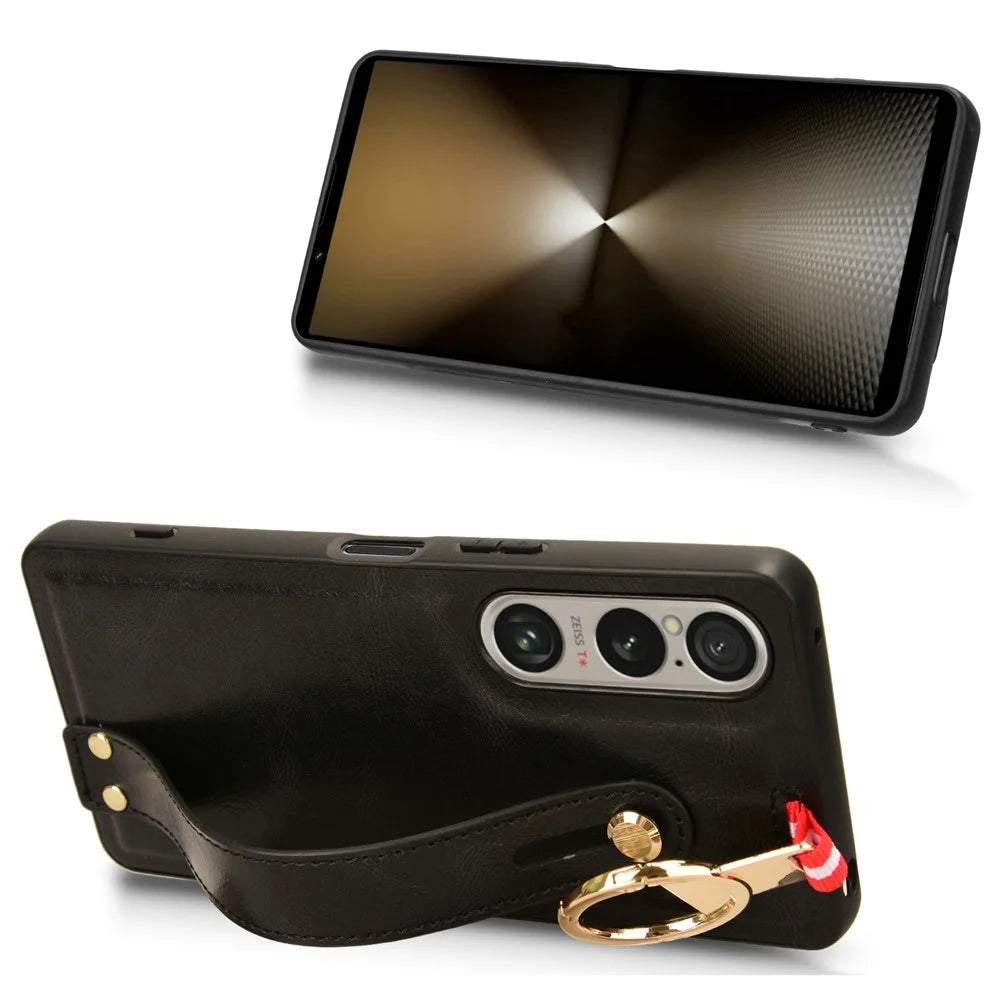 For Sony Xperia 1 VI Case Wristband Finger Loop Leather Coated PC+TPU Phone Cover - Black - 2