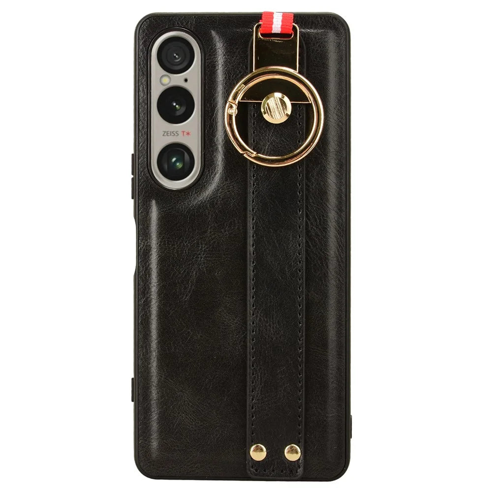 For Sony Xperia 1 VI Case Wristband Finger Loop Leather Coated PC+TPU Phone Cover - Black - 3