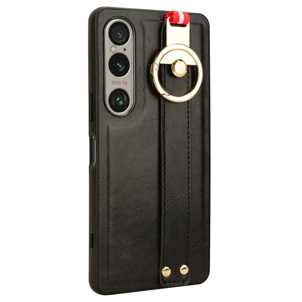 For Sony Xperia 1 VI Case Wristband Finger Loop Leather Coated PC+TPU Phone Cover - Black - 4