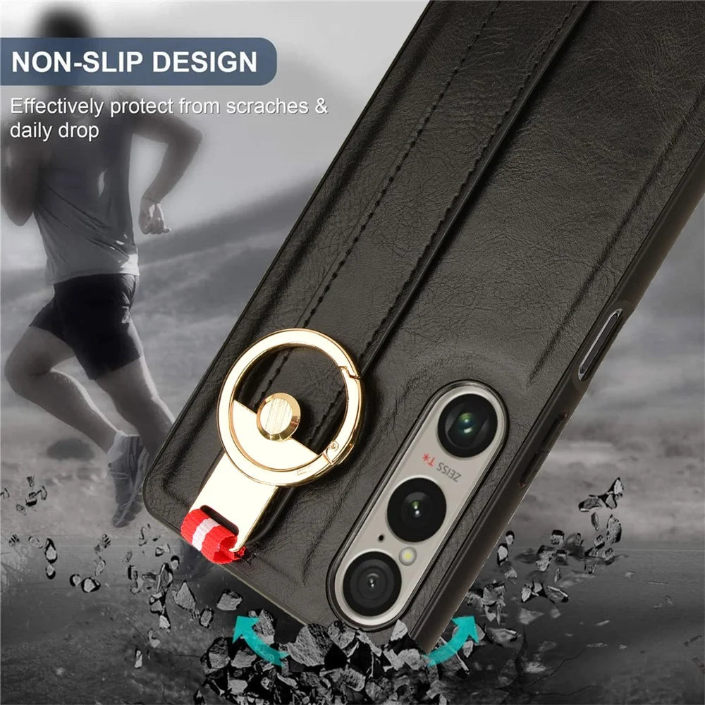 For Sony Xperia 1 VI Case Wristband Finger Loop Leather Coated PC+TPU Phone Cover - Black - 6