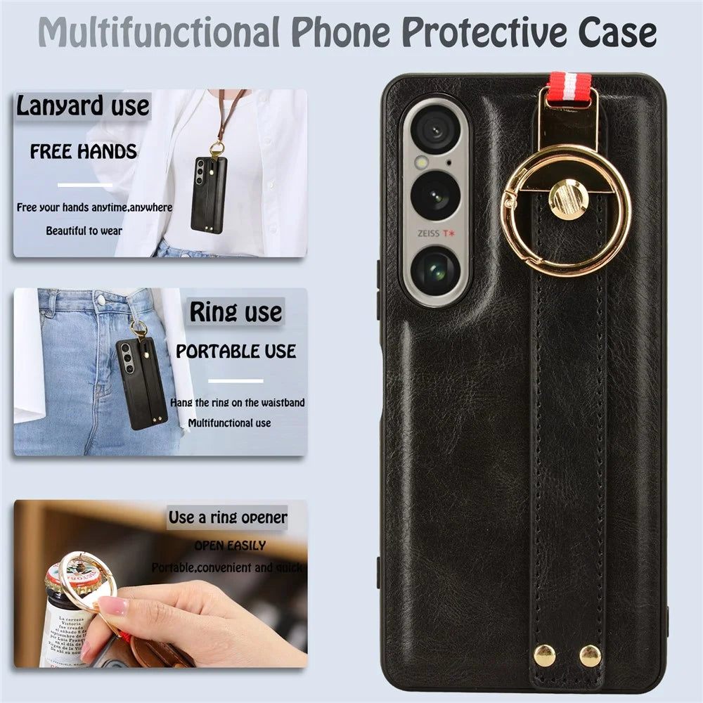 For Sony Xperia 1 VI Case Wristband Finger Loop Leather Coated PC+TPU Phone Cover - Black - 7