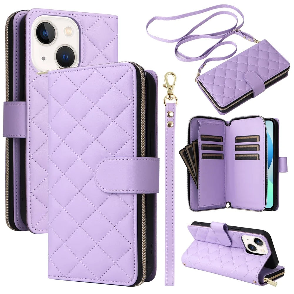 For iPhone 13 mini Case Leather Zipper Pouch Wallet Crossbody Phone Cover - Purple - 1