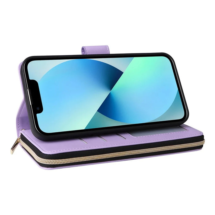 For iPhone 13 mini Case Leather Zipper Pouch Wallet Crossbody Phone Cover - Purple - 4