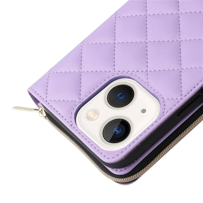 For iPhone 13 mini Case Leather Zipper Pouch Wallet Crossbody Phone Cover - Purple - 7