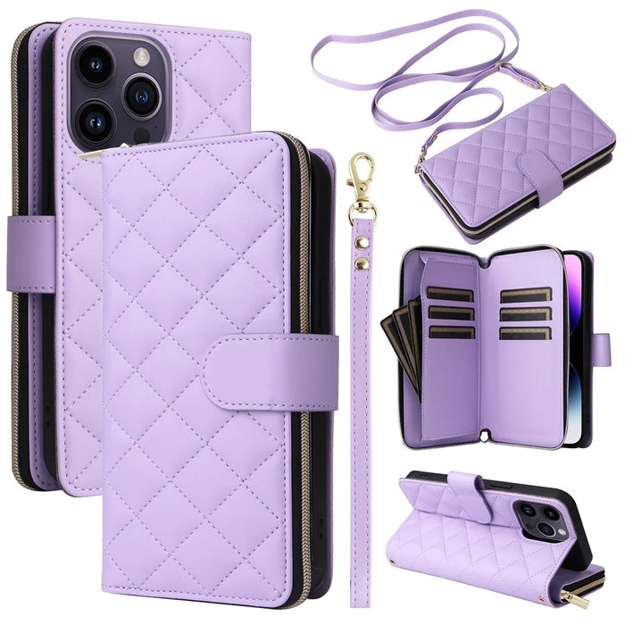 For iPhone 14 Pro Max Case Rhombus Wallet Purse PU Leather Phone Cover with Shoulder Strap - Purple - 1