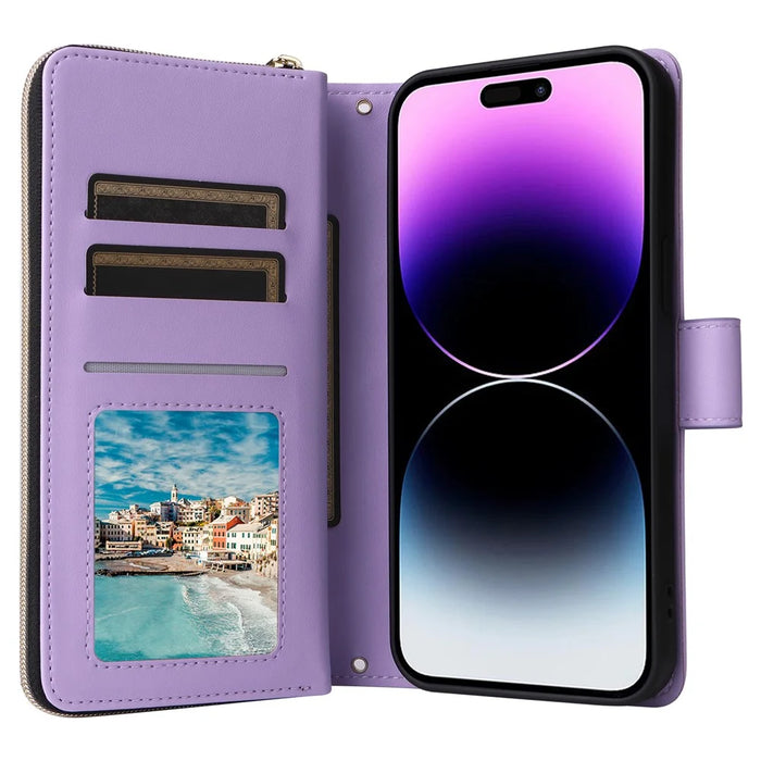 For iPhone 14 Pro Max Case Rhombus Wallet Purse PU Leather Phone Cover with Shoulder Strap - Purple - 2