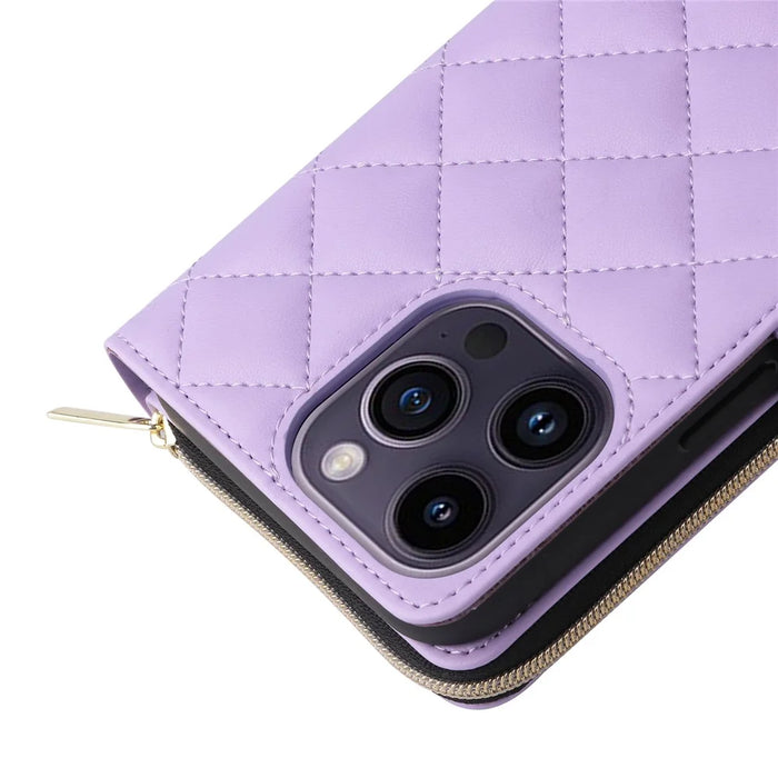 For iPhone 14 Pro Max Case Rhombus Wallet Purse PU Leather Phone Cover with Shoulder Strap - Purple - 7