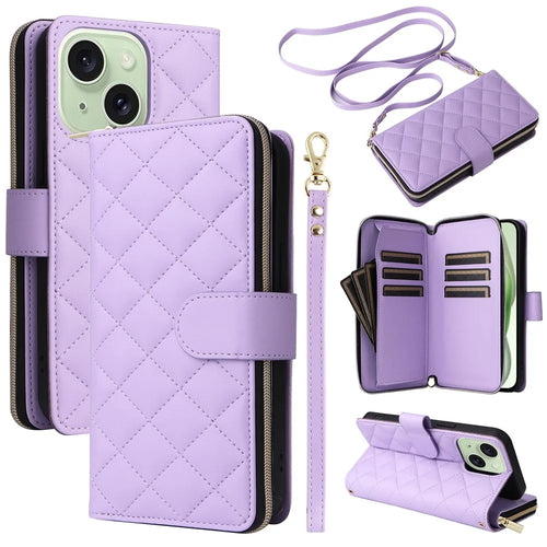 For iPhone 15 Plus / 14 Plus Case Wallet PU Leather Rhombus Stand Anti-Fall Phone Cover - Purple - 1