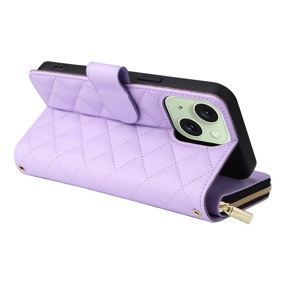 For iPhone 15 Plus / 14 Plus Case Wallet PU Leather Rhombus Stand Anti-Fall Phone Cover - Purple - 5