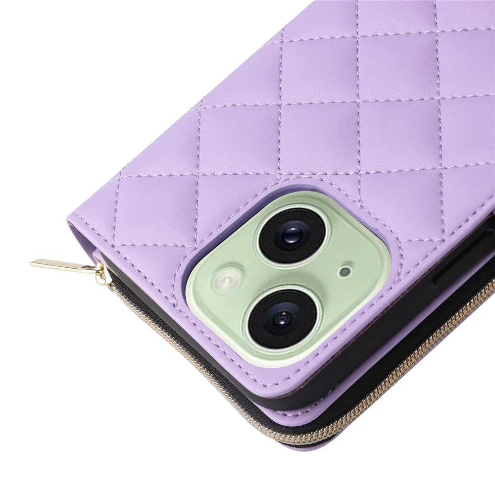 For iPhone 15 Plus / 14 Plus Case Wallet PU Leather Rhombus Stand Anti-Fall Phone Cover - Purple - 7