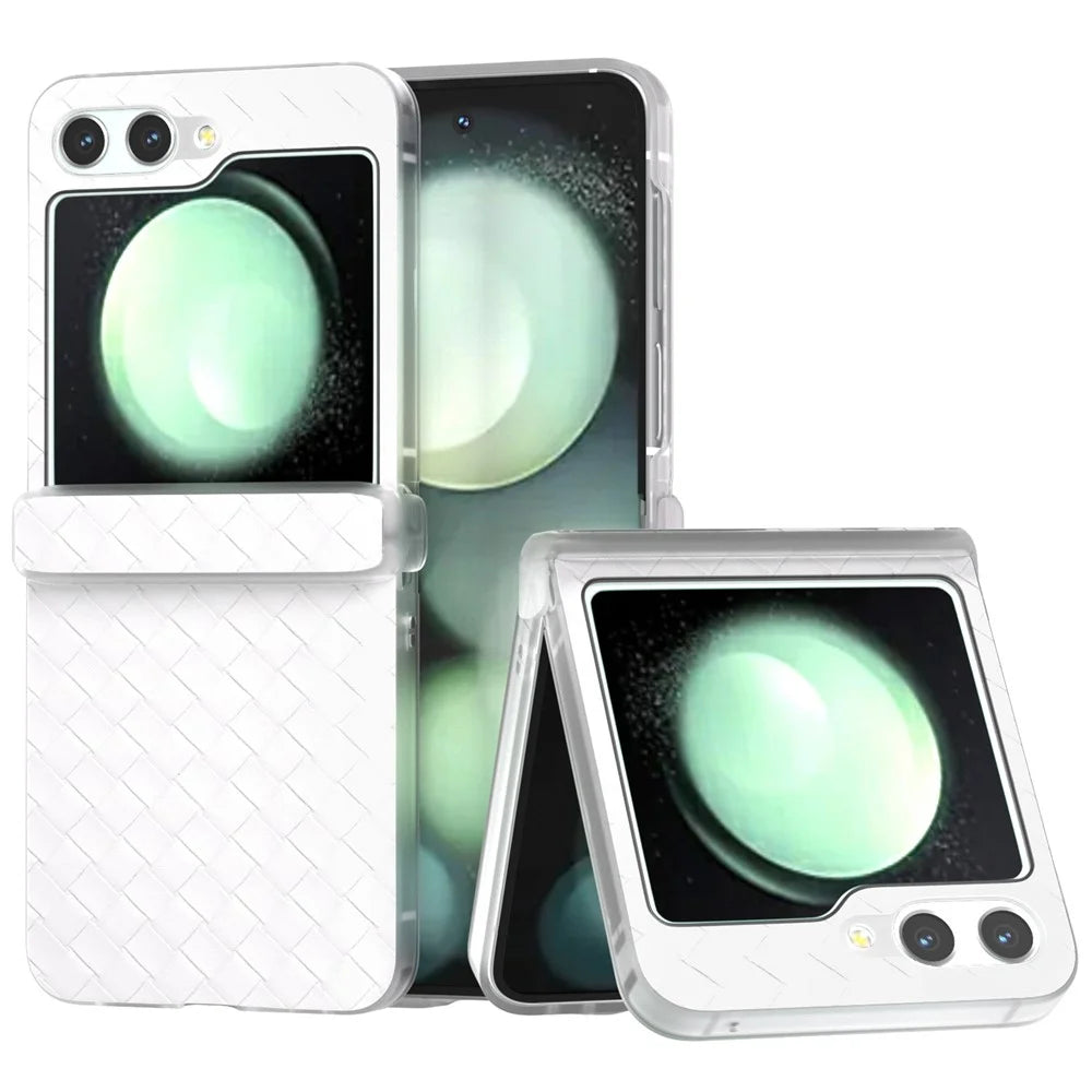 For Samsung Galaxy Z Flip7 FE 5G / Z Flip6 5G Case Woven Texture Hinge Protection Leather+PC Folding Phone Cover - White - 1