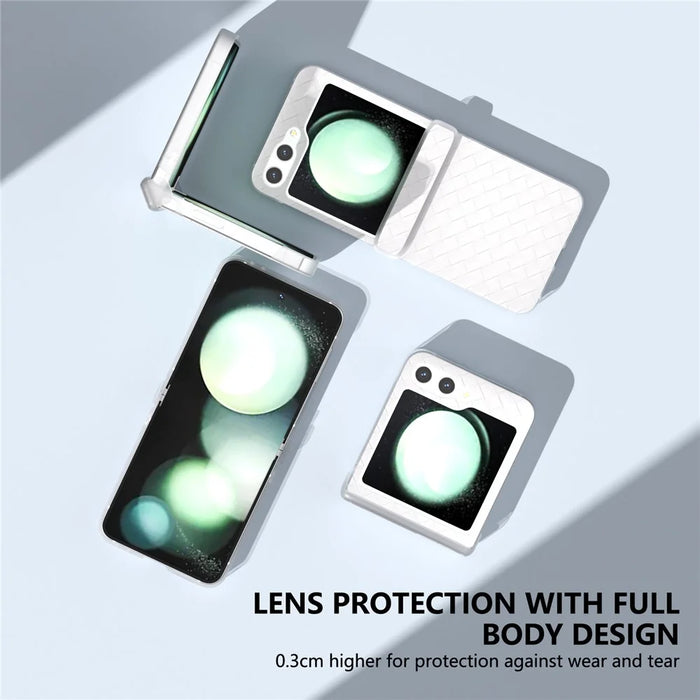 For Samsung Galaxy Z Flip7 FE 5G / Z Flip6 5G Case Woven Texture Hinge Protection Leather+PC Folding Phone Cover - White - 3