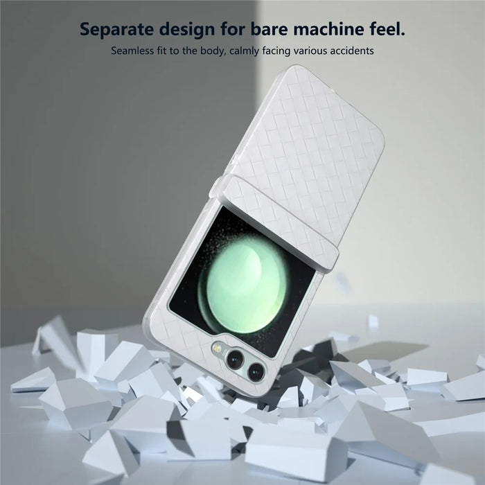 For Samsung Galaxy Z Flip7 FE 5G / Z Flip6 5G Case Woven Texture Hinge Protection Leather+PC Folding Phone Cover - White - 4