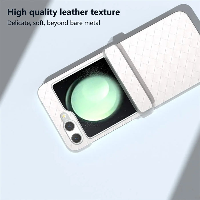 For Samsung Galaxy Z Flip7 FE 5G / Z Flip6 5G Case Woven Texture Hinge Protection Leather+PC Folding Phone Cover - White - 5