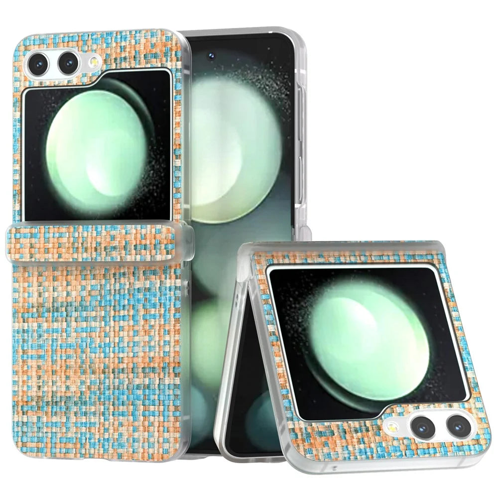 For Samsung Galaxy Z Flip7 FE 5G / Z Flip6 5G Case Matte Frame Colorful Plaid Texture Leather Phone Cover - Blue - 1