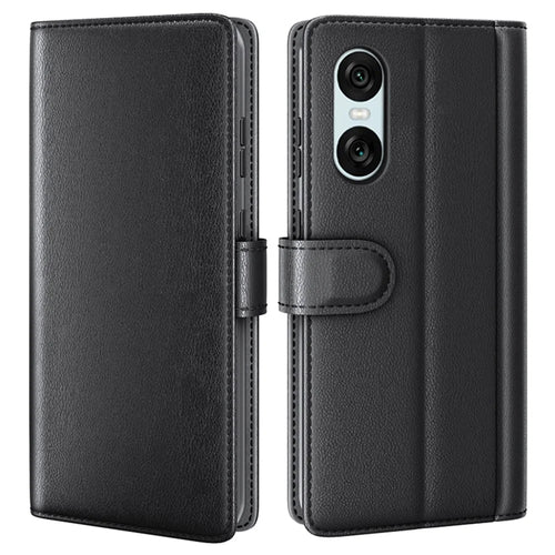 For Sony Xperia 10 VI Case Genuine Split Leather Phone Cover with Wallet Stand - Black - 1