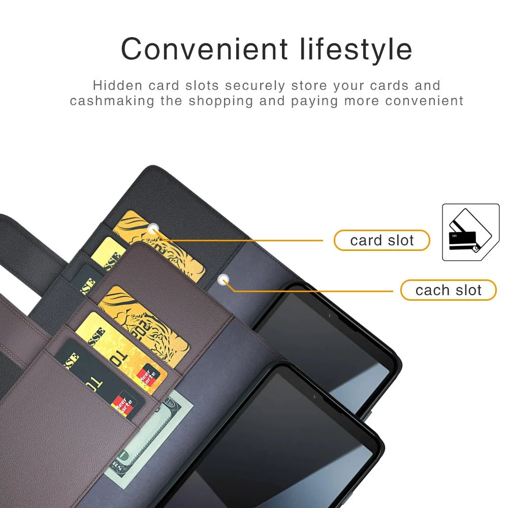 For Sony Xperia 10 VI Case Genuine Split Leather Phone Cover with Wallet Stand - Black - 4