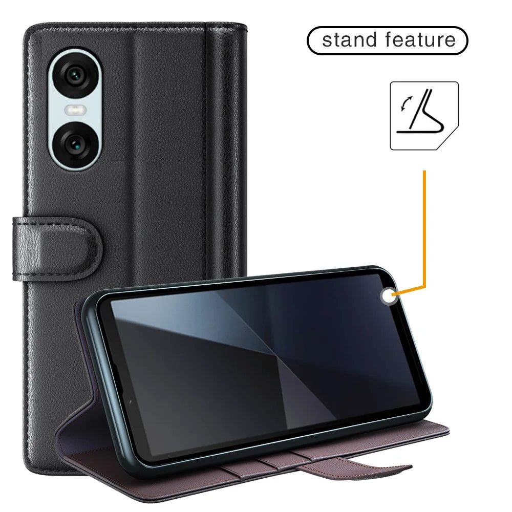 For Sony Xperia 10 VI Case Genuine Split Leather Phone Cover with Wallet Stand - Black - 5