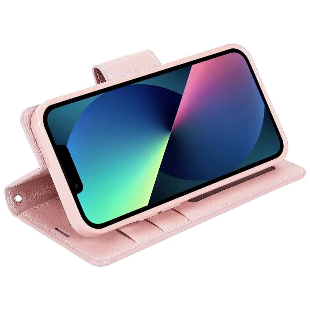 HANMAN Mill Series for iPhone 13 6.1 inch Full Protection Phone Case PU Leather TPU Folio Flip Cover with Stand Wallet - Rose Gold - 2