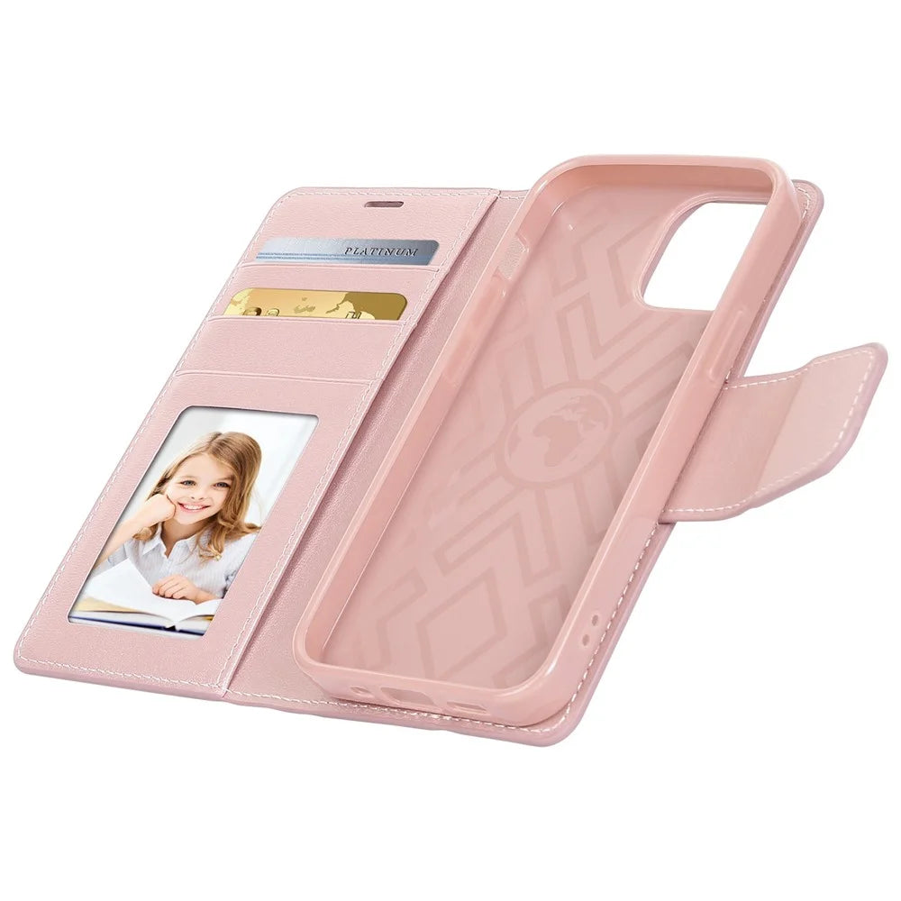 HANMAN Mill Series for iPhone 13 6.1 inch Full Protection Phone Case PU Leather TPU Folio Flip Cover with Stand Wallet - Rose Gold - 3