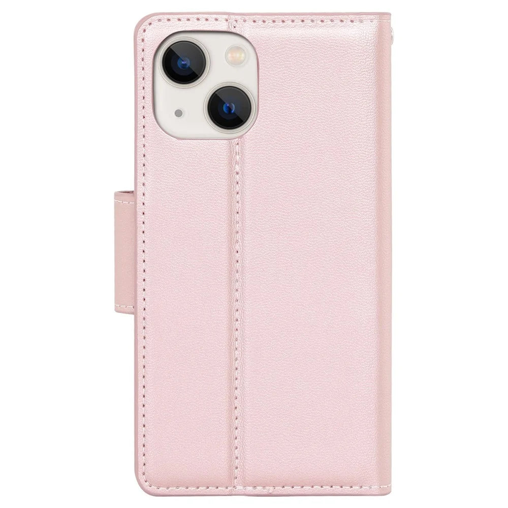HANMAN Mill Series for iPhone 13 6.1 inch Full Protection Phone Case PU Leather TPU Folio Flip Cover with Stand Wallet - Rose Gold - 5