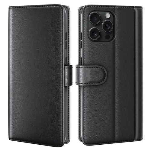 For iPhone 16 Pro Case Genuine Split Leather Phone Cover with Wallet Stand - Black - 1