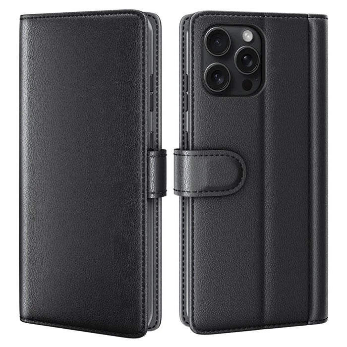 For iPhone 16 Pro Case Genuine Split Leather Phone Cover with Wallet Stand - Black - 1