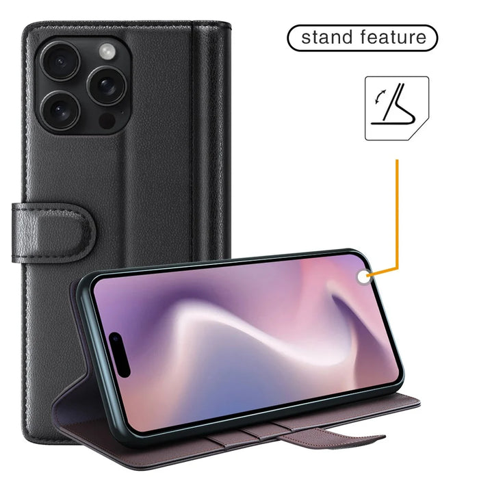 For iPhone 16 Pro Case Genuine Split Leather Phone Cover with Wallet Stand - Black - 5
