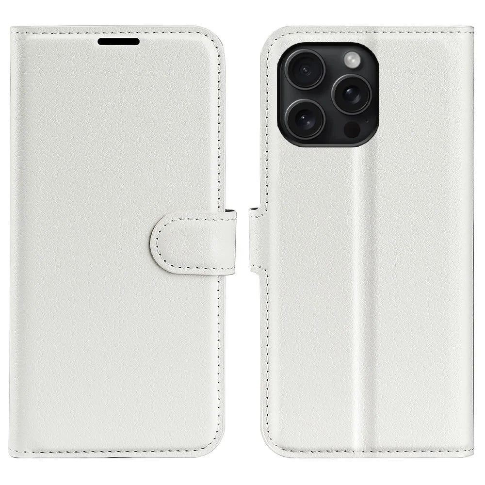 For iPhone 16 Pro Max Wallet Case Litchi Texture Phone Leather Cover - White - 1