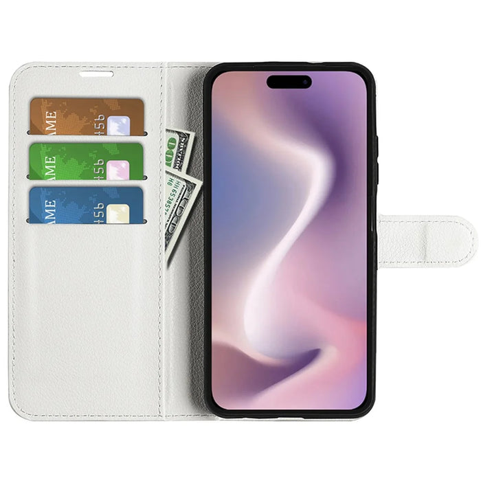 For iPhone 16 Pro Max Wallet Case Litchi Texture Phone Leather Cover - White - 2