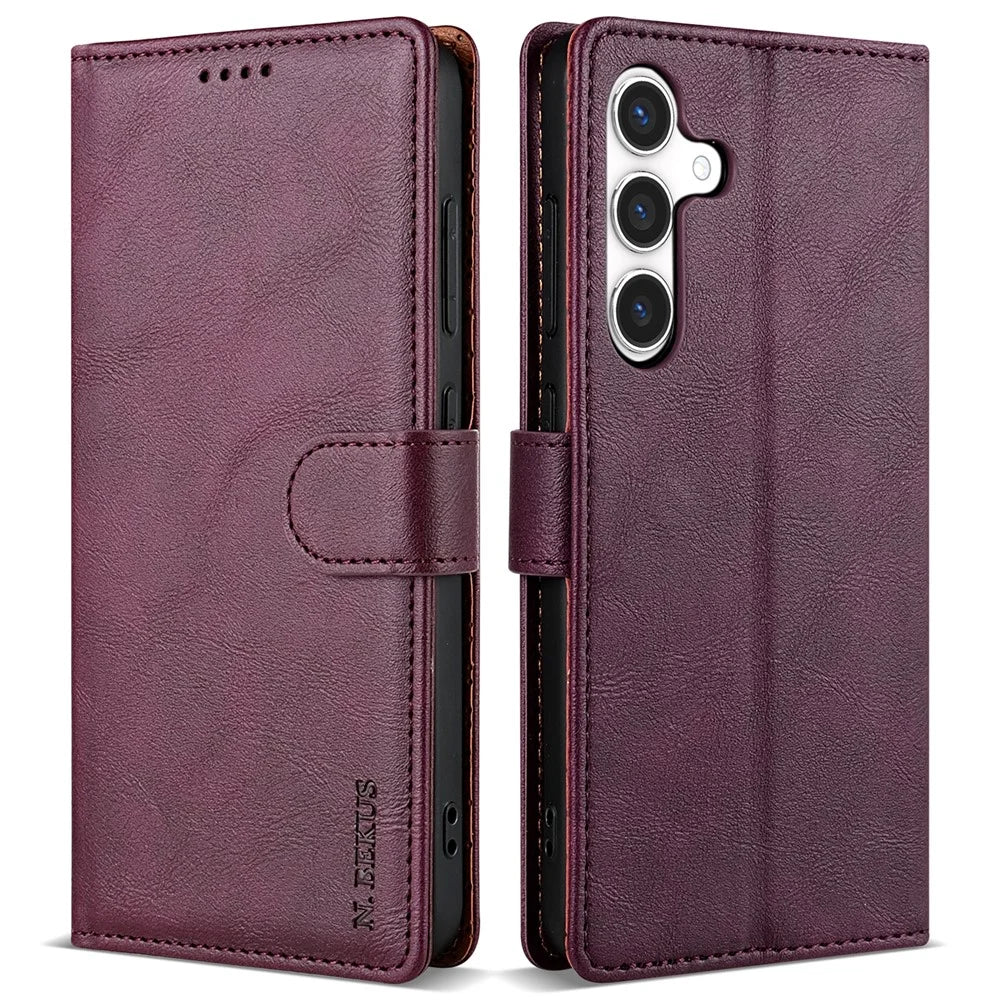 N.BEKUS CSJ-001 For Samsung Galaxy S24 Leather Case Solid Color Shockproof Wallet Phone Cover - Wine Red - 1