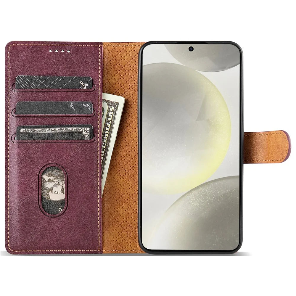 N.BEKUS CSJ-001 For Samsung Galaxy S24 Leather Case Solid Color Shockproof Wallet Phone Cover - Wine Red - 2