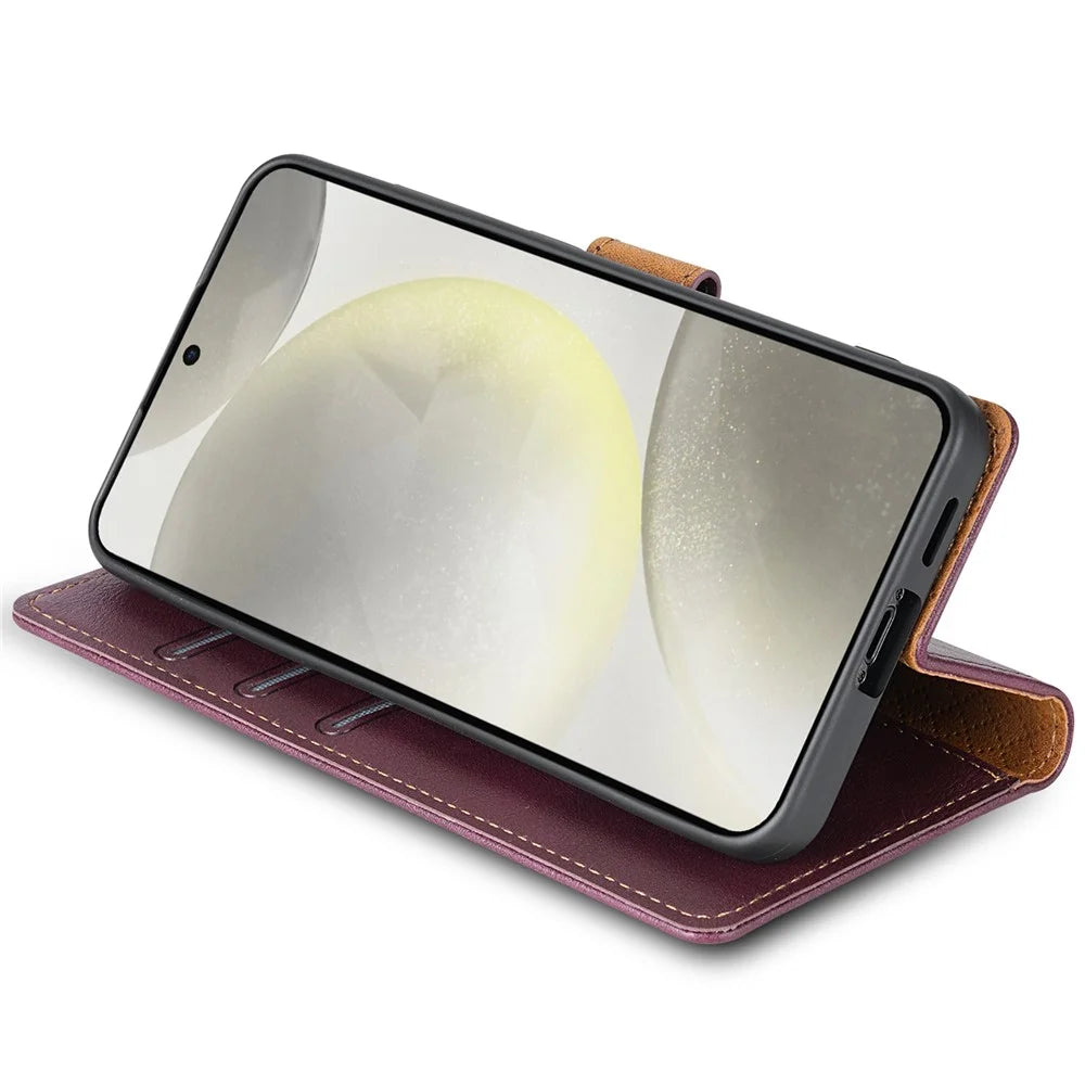 N.BEKUS CSJ-001 For Samsung Galaxy S24 Leather Case Solid Color Shockproof Wallet Phone Cover - Wine Red - 4