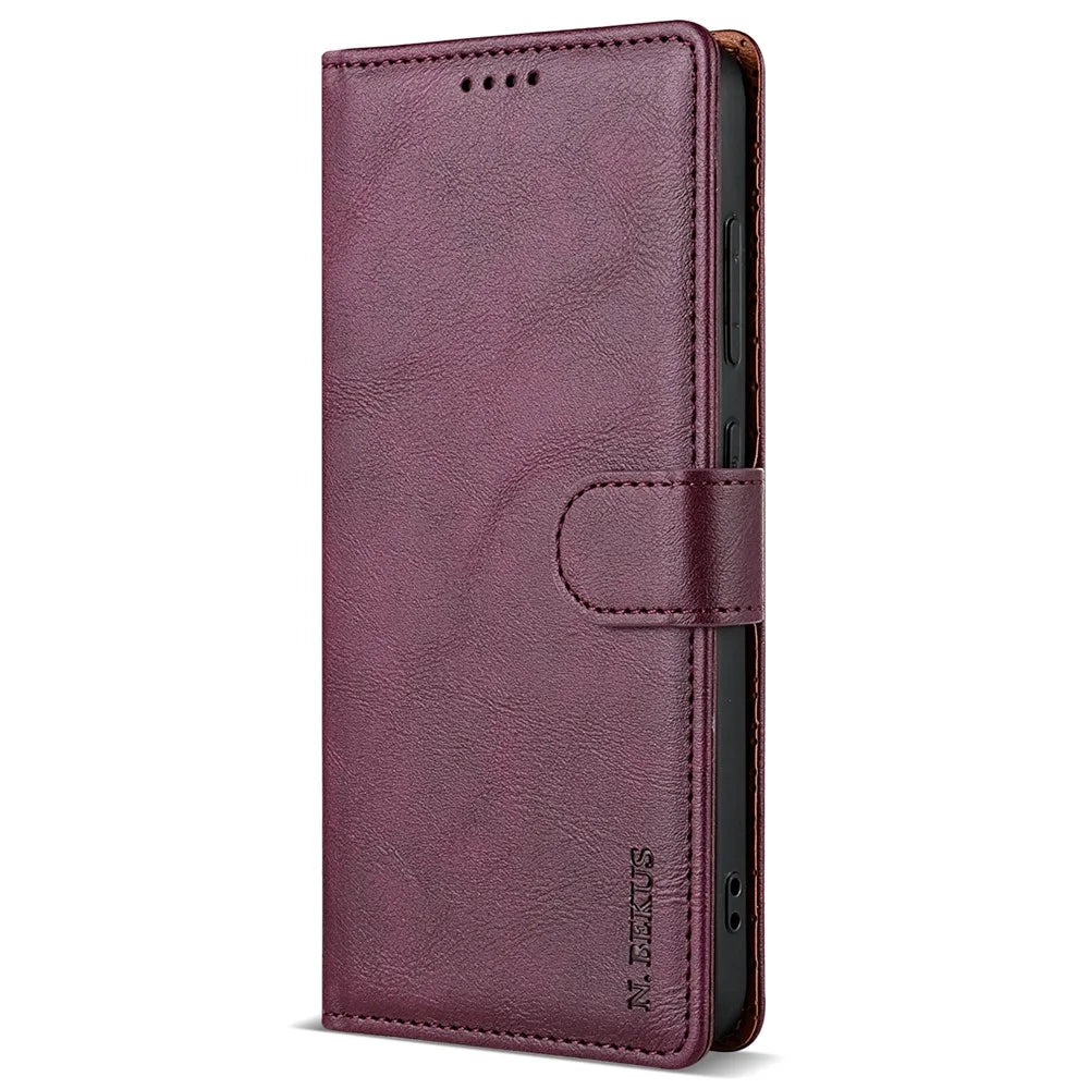 N.BEKUS CSJ-001 For Samsung Galaxy S24 Leather Case Solid Color Shockproof Wallet Phone Cover - Wine Red - 5