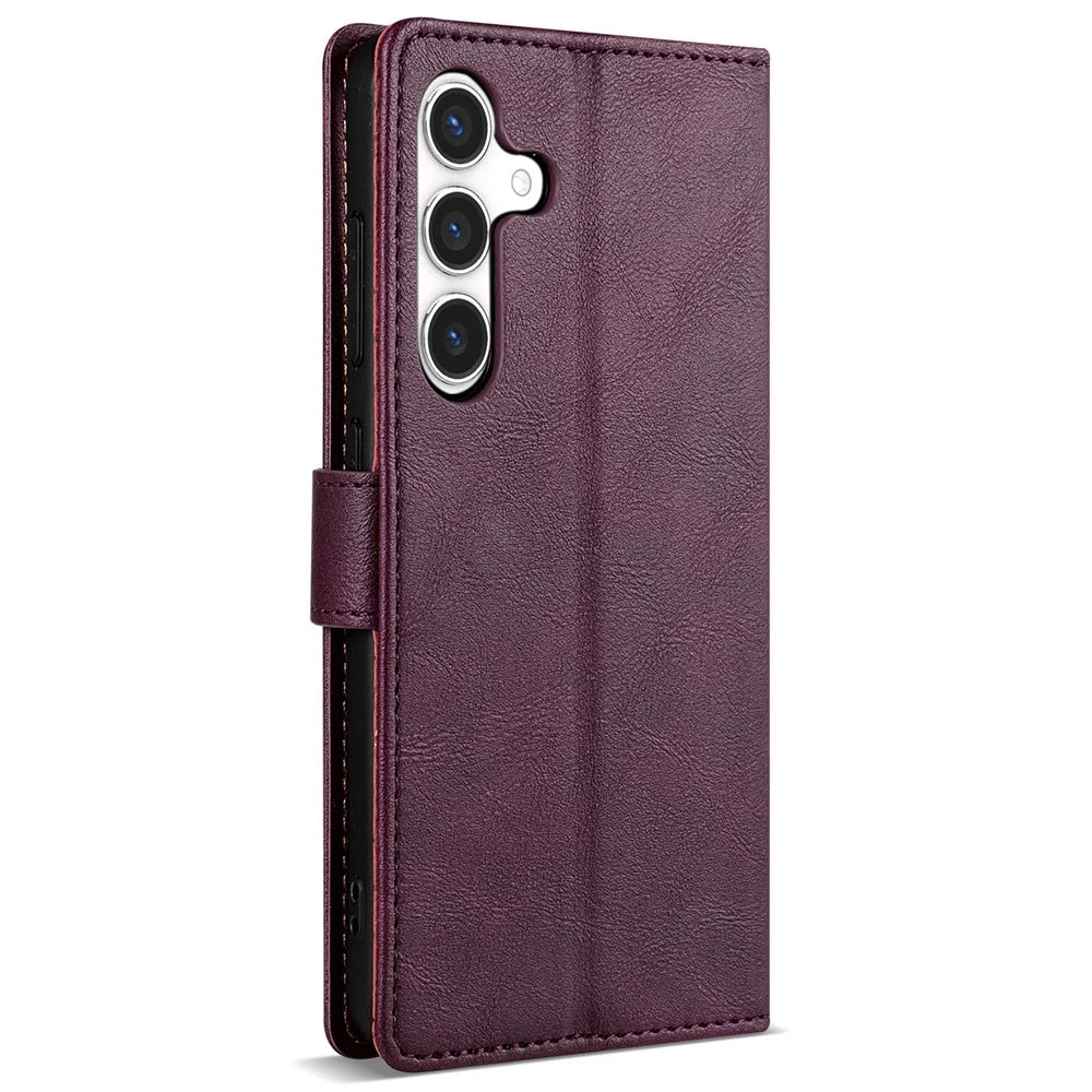N.BEKUS CSJ-001 For Samsung Galaxy S24 Leather Case Solid Color Shockproof Wallet Phone Cover - Wine Red - 6