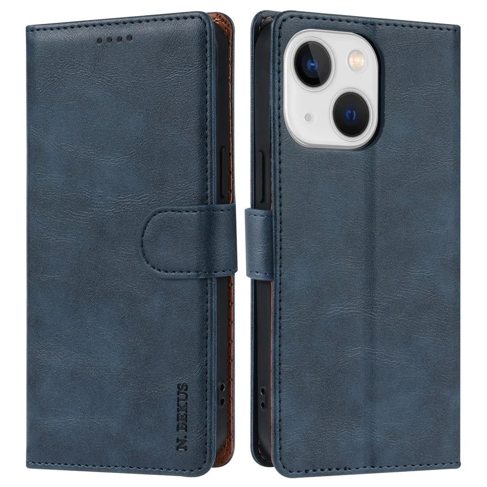N.BEKUS CSJ-001 For 	Iphone 13 Wallet Case Solid Color PU Leather Phone Cover - Blue - 1