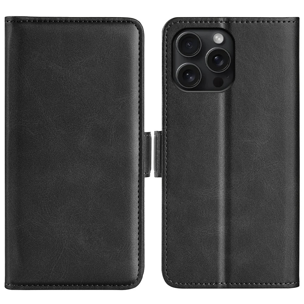For iPhone 16 Pro Case Leather Wallet Folio Flip Protective Phone Cover - Black - 1