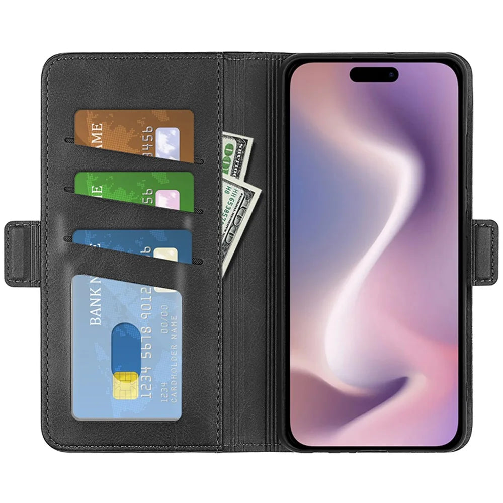 For iPhone 16 Pro Case Leather Wallet Folio Flip Protective Phone Cover - Black - 2