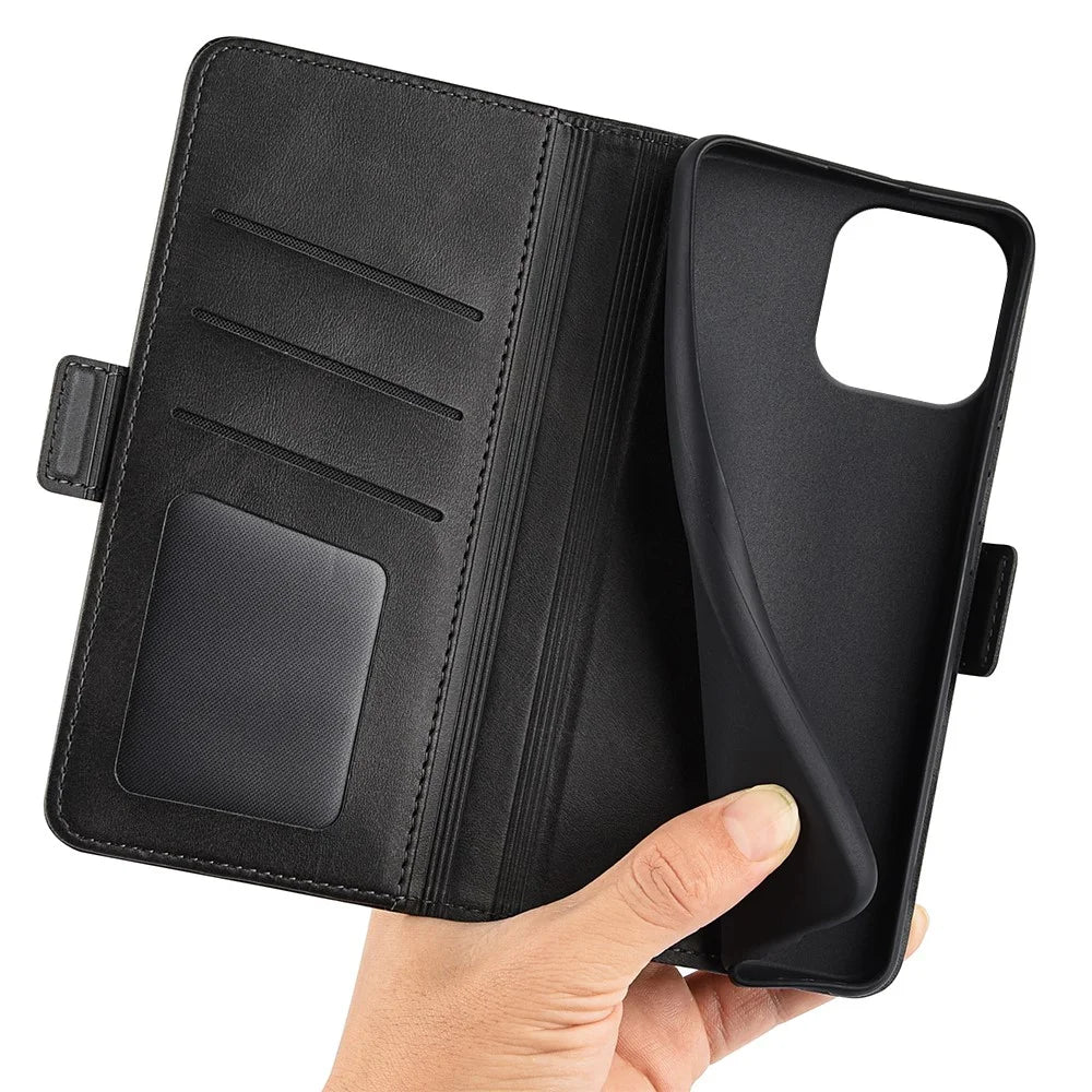 For iPhone 16 Pro Case Leather Wallet Folio Flip Protective Phone Cover - Black - 5
