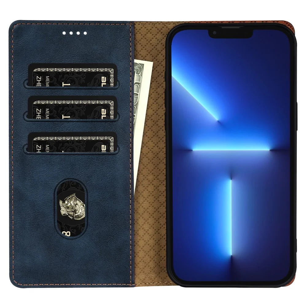 N.BEKUS CSJ-001 For iPhone 13 Pro Wallet Case Solid Color Leather Phone Cover - Blue - 2