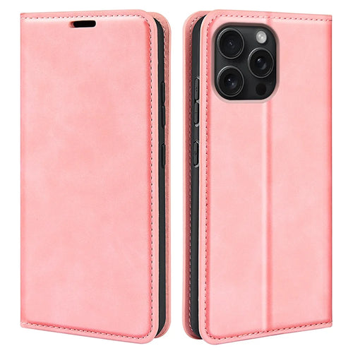 For iPhone 16 Pro Case PU Leather Wallet Folio Flip Phone Cover - Pink - 1