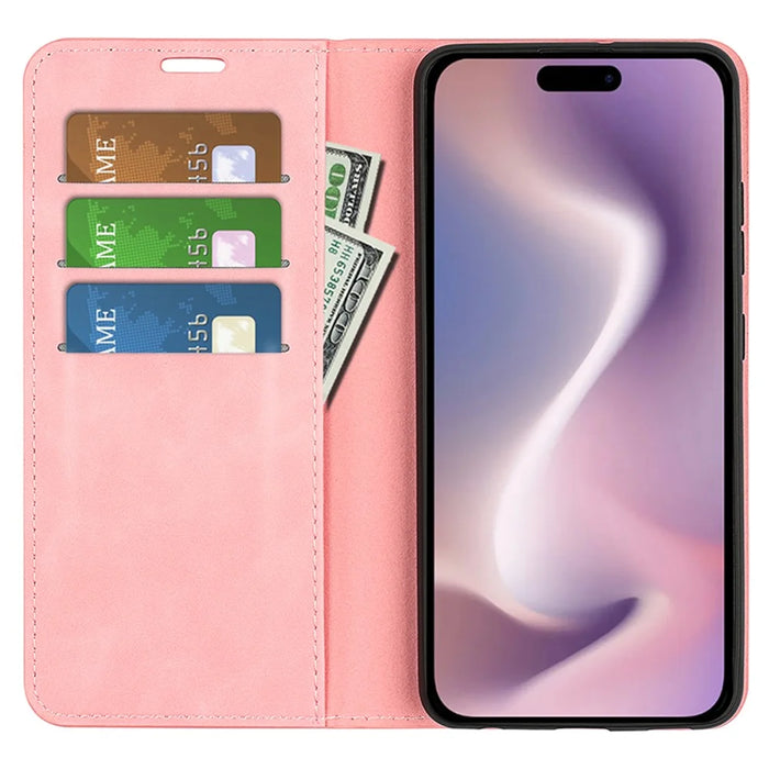 For iPhone 16 Pro Case PU Leather Wallet Folio Flip Phone Cover - Pink - 2