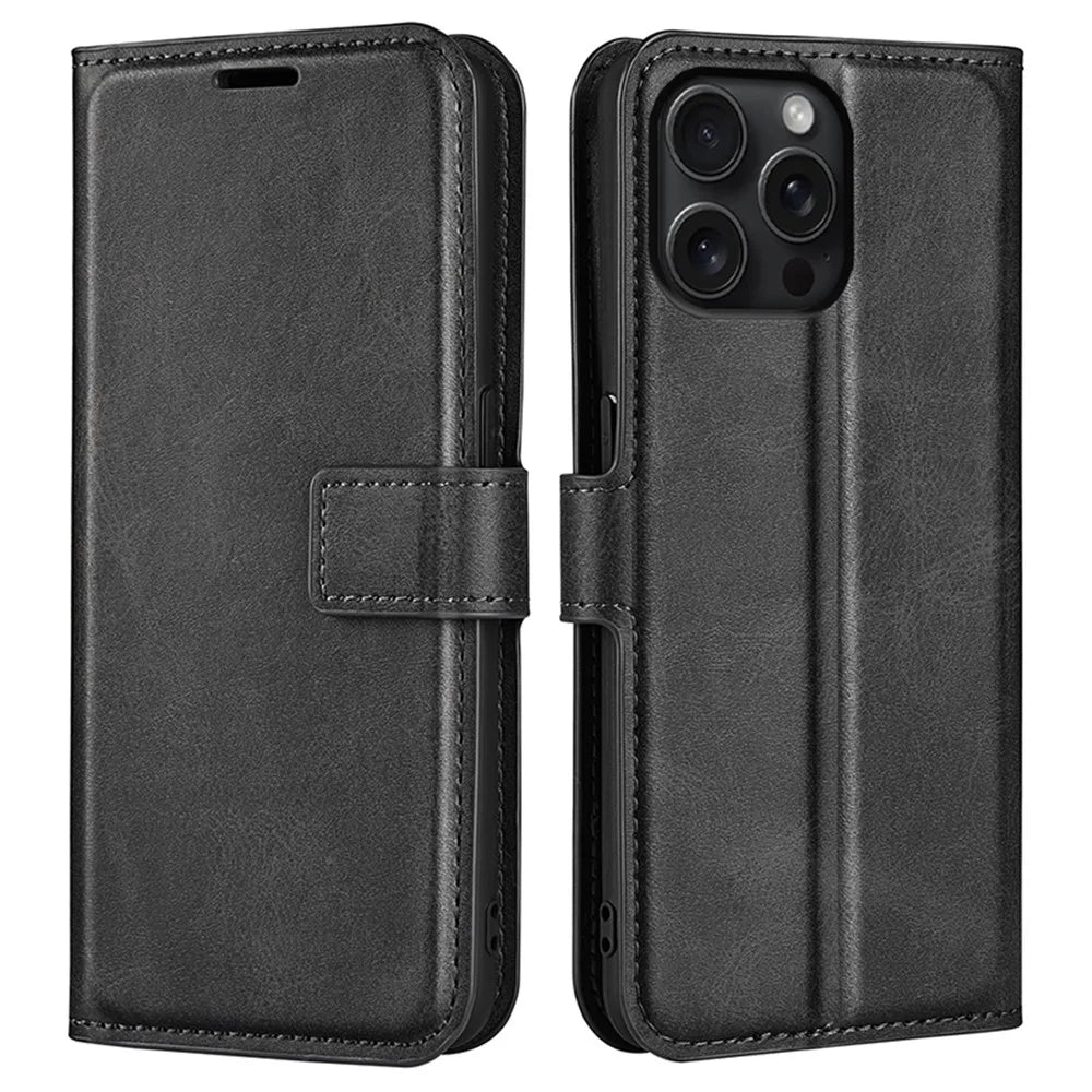 For iPhone 16 Pro Case Magnetic Clasp Calf Texture Flip Leather Phone Cover - Black - 1