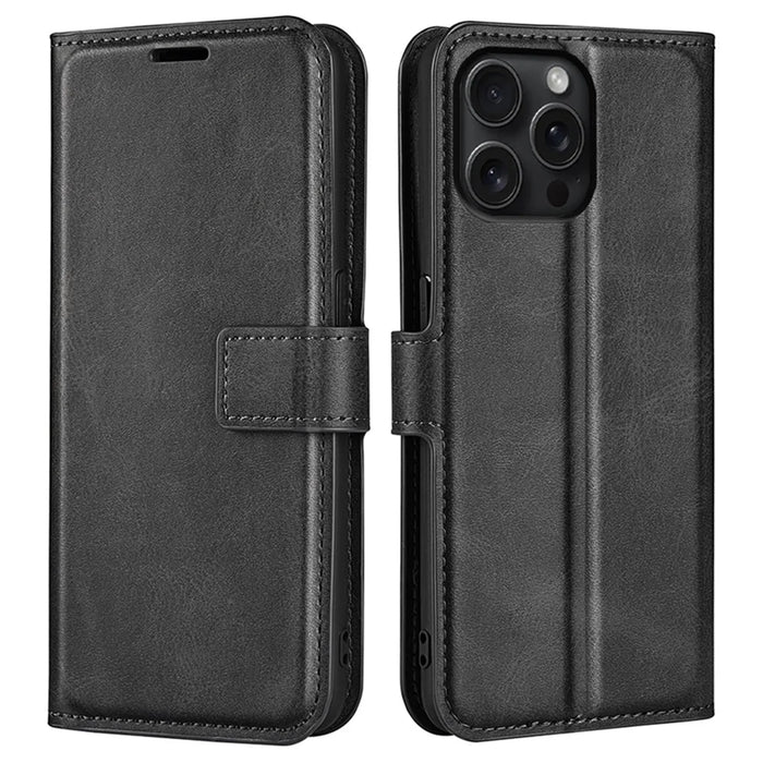 For iPhone 16 Pro Case Magnetic Clasp Calf Texture Flip Leather Phone Cover - Black - 1