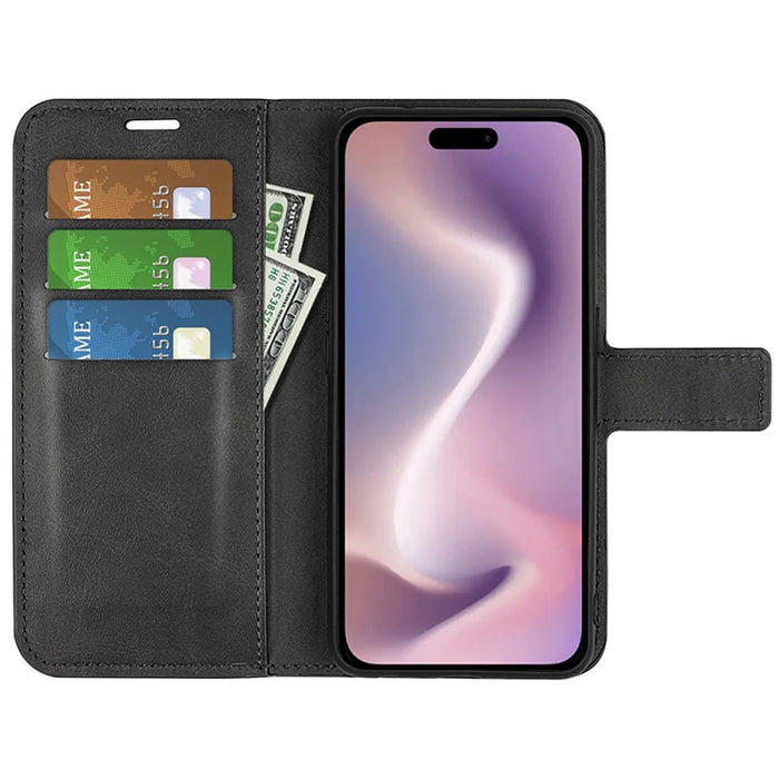For iPhone 16 Pro Case Magnetic Clasp Calf Texture Flip Leather Phone Cover - Black - 2