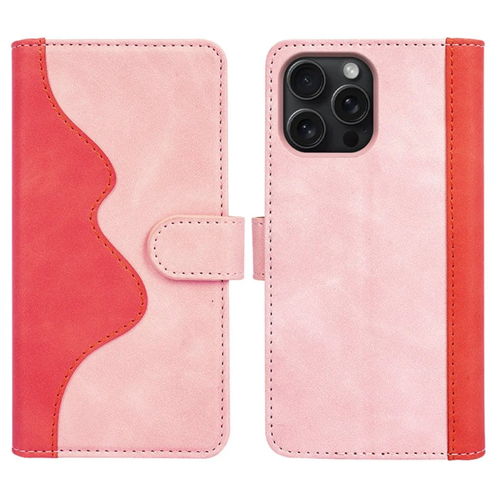For iPhone 16 Pro Case Splicing Color PU Leather Phone Wallet Cover - Pink - 1