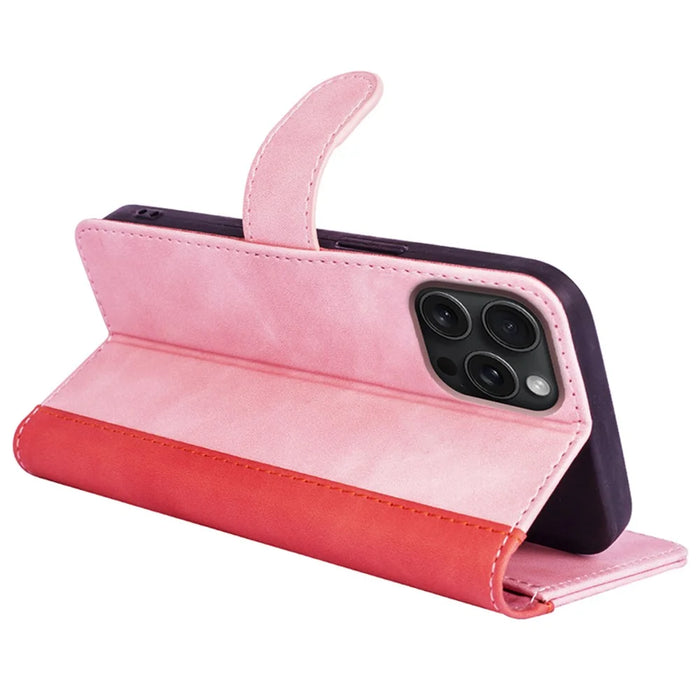 For iPhone 16 Pro Case Splicing Color PU Leather Phone Wallet Cover - Pink - 3
