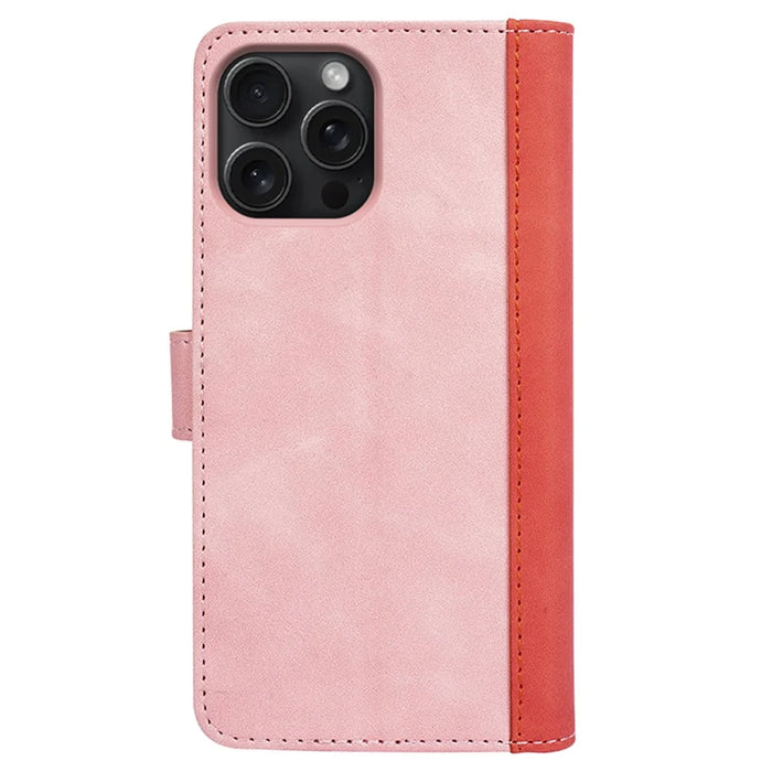 For iPhone 16 Pro Case Splicing Color PU Leather Phone Wallet Cover - Pink - 7